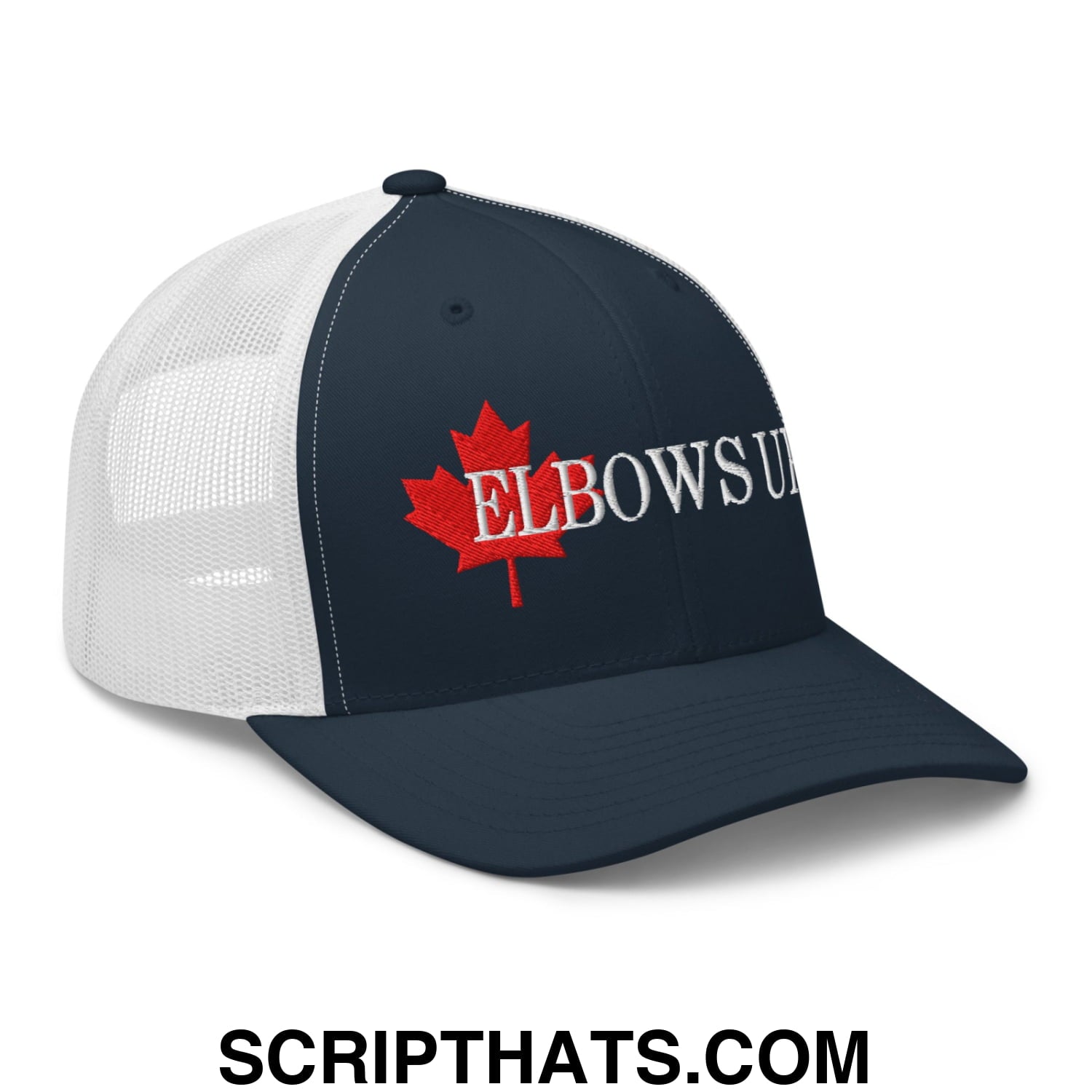 Elbows Up Fight for Canada Maple Leaf Embroidered Mesh Trucker Hat Navy White