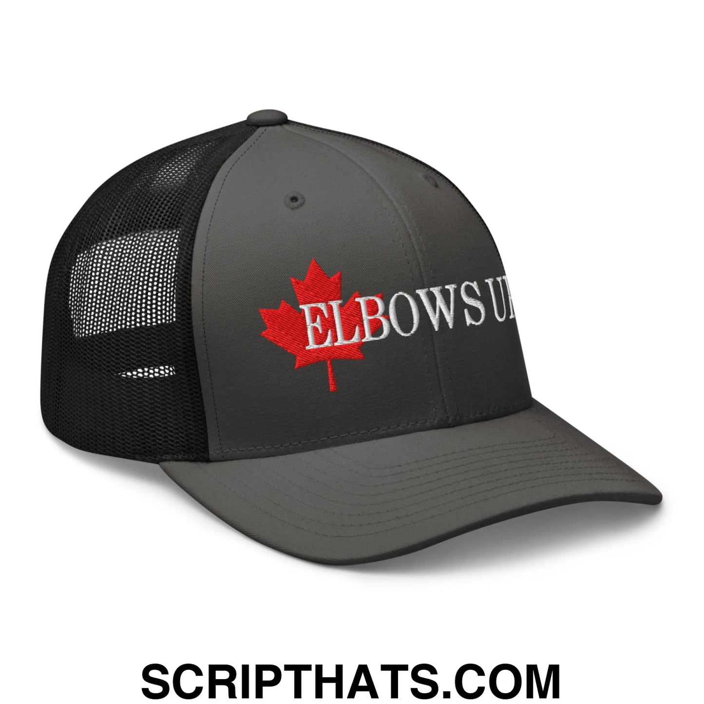 Elbows Up Fight for Canada Maple Leaf Embroidered Mesh Trucker Hat Charcoal Black