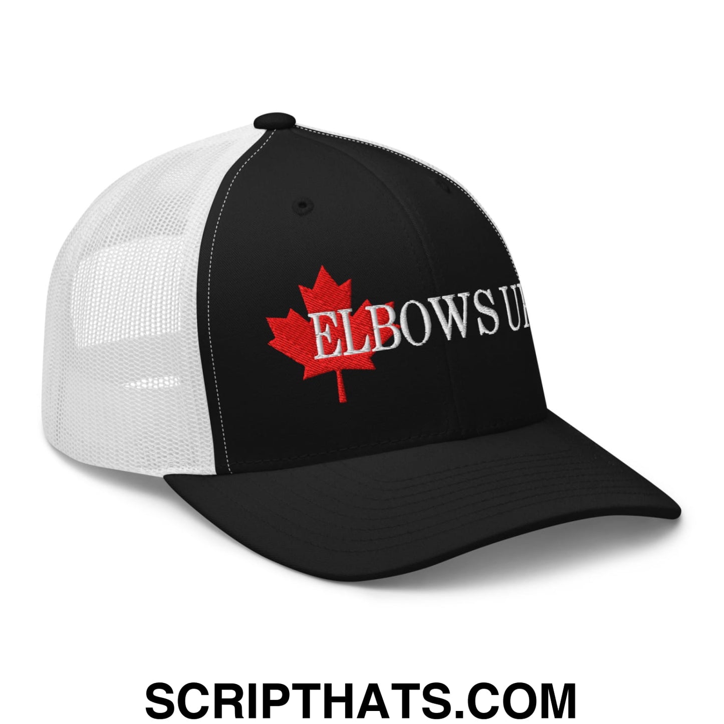 Elbows Up Fight for Canada Maple Leaf Embroidered Mesh Trucker Hat Black White