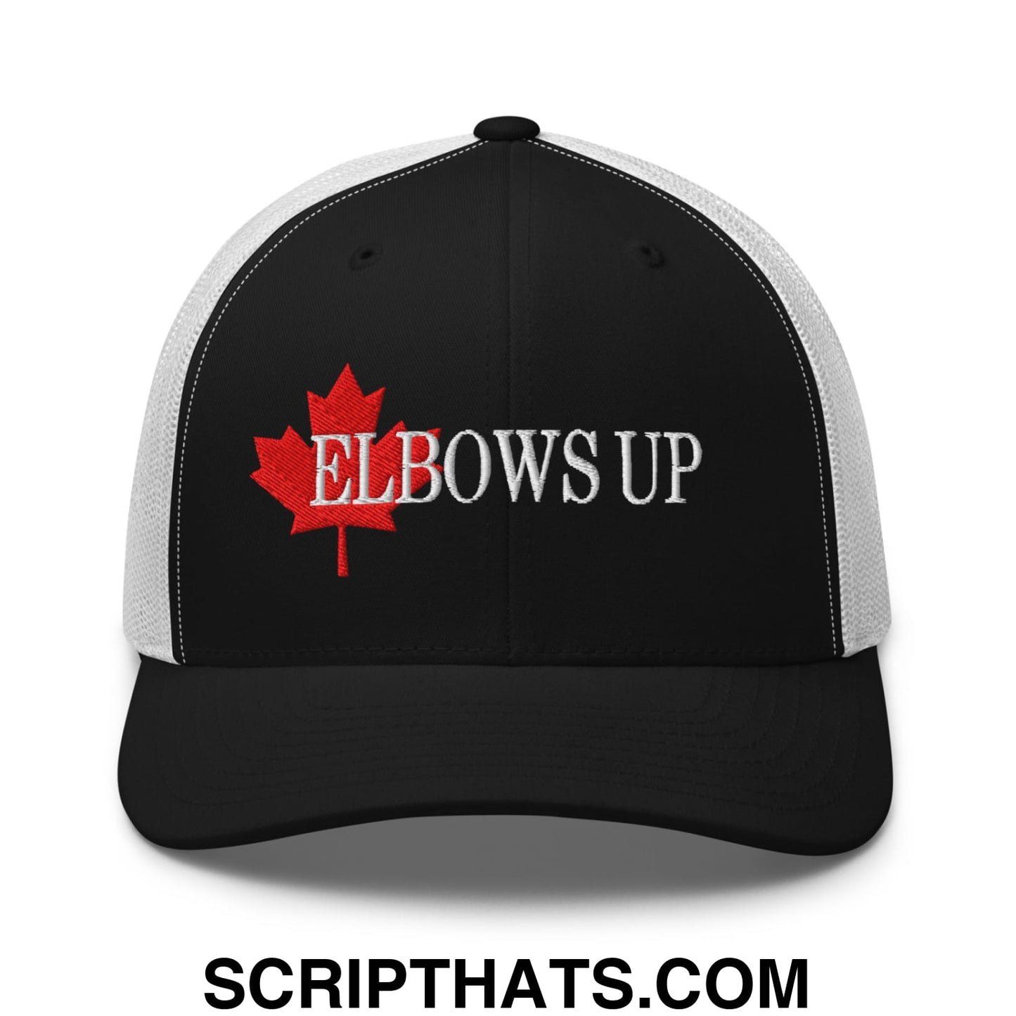 Elbows Up Fight for Canada Maple Leaf Embroidered Mesh Trucker Hat Black White