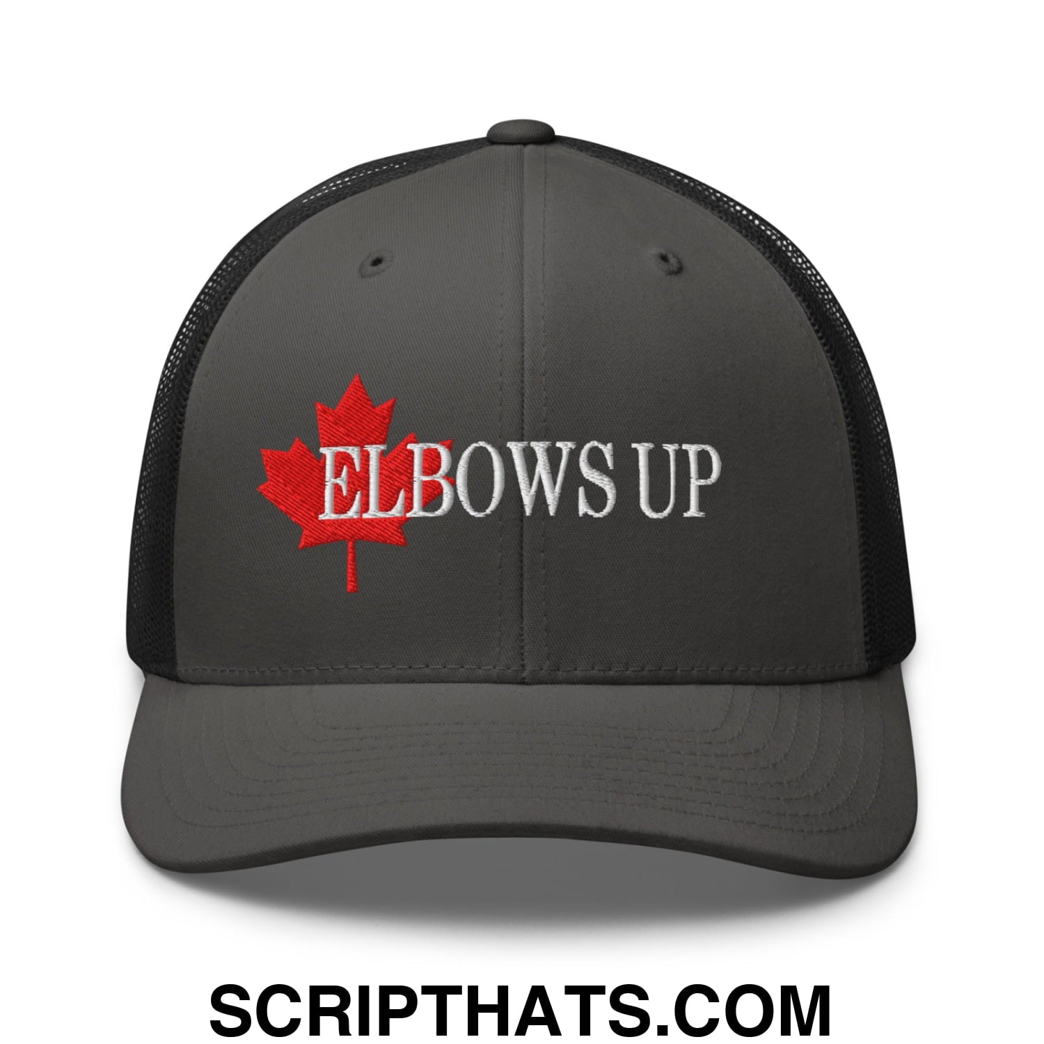 Elbows Up Fight for Canada Maple Leaf Embroidered Mesh Trucker Hat Charcoal Black