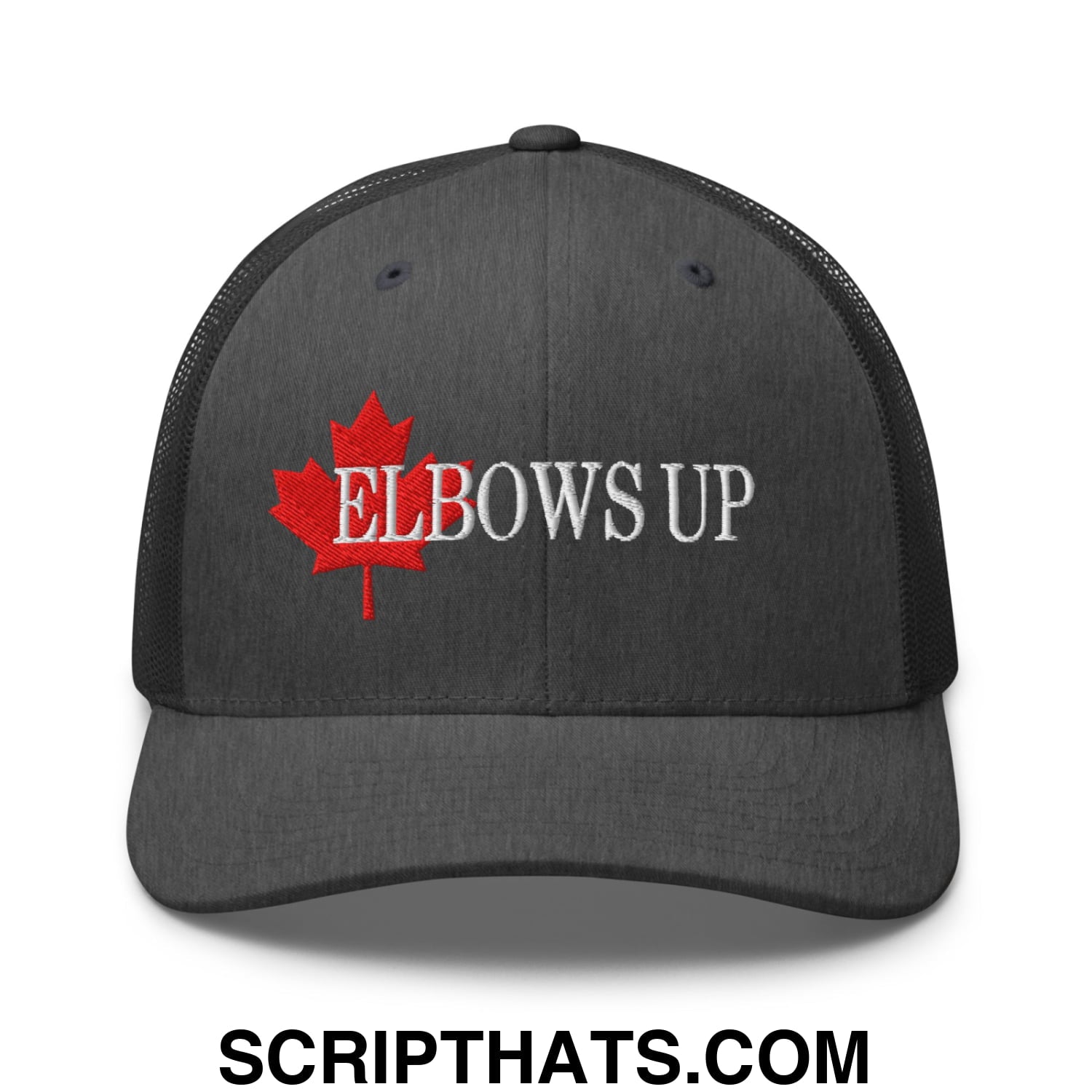 Elbows Up Fight for Canada Maple Leaf Embroidered Mesh Trucker Hat Dark Heather Gray