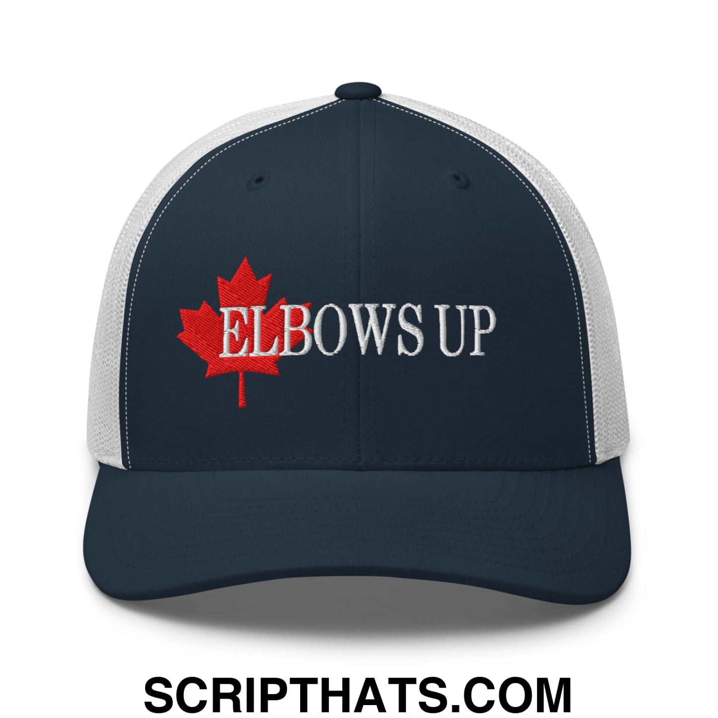 Elbows Up Fight for Canada Maple Leaf Embroidered Mesh Trucker Hat Navy White