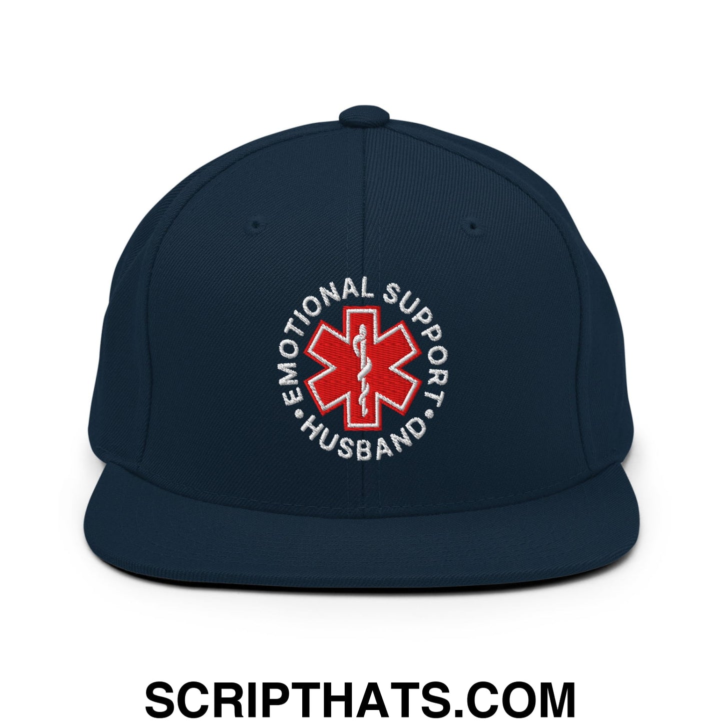 Emotional Support Husband Embroidered Flat Bill Brim Snapback Hat Dark Navy