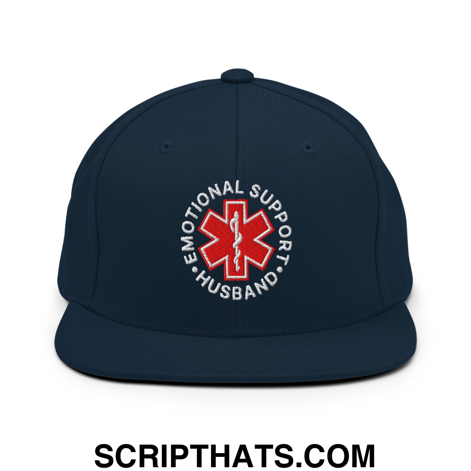 Emotional Support Husband Embroidered Flat Bill Brim Snapback Hat Dark Navy