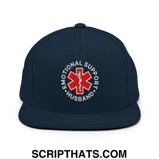 Emotional Support Husband Embroidered Flat Bill Brim Snapback Hat Dark Navy