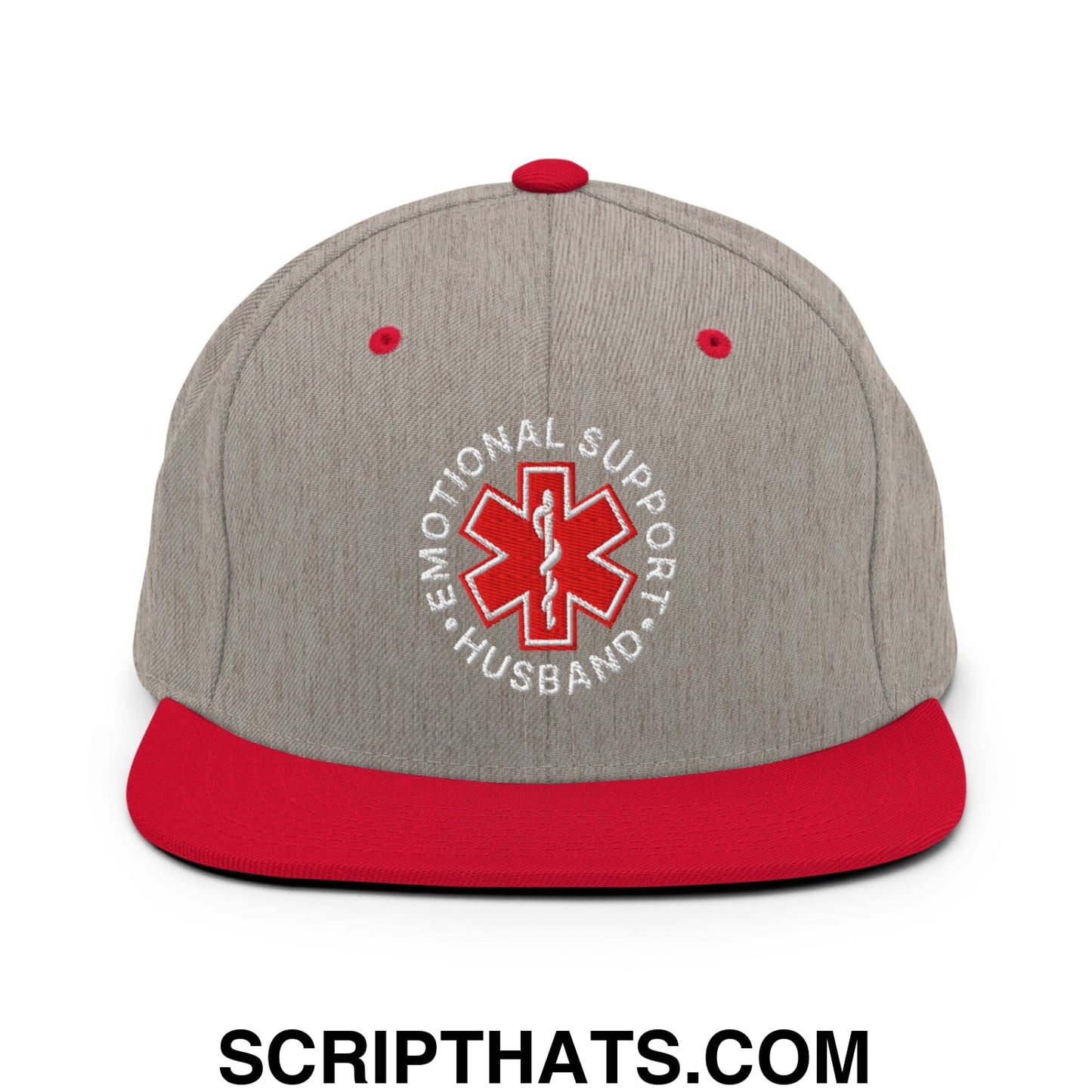 Emotional Support Husband Embroidered Flat Bill Brim Snapback Hat Heather Grey Red