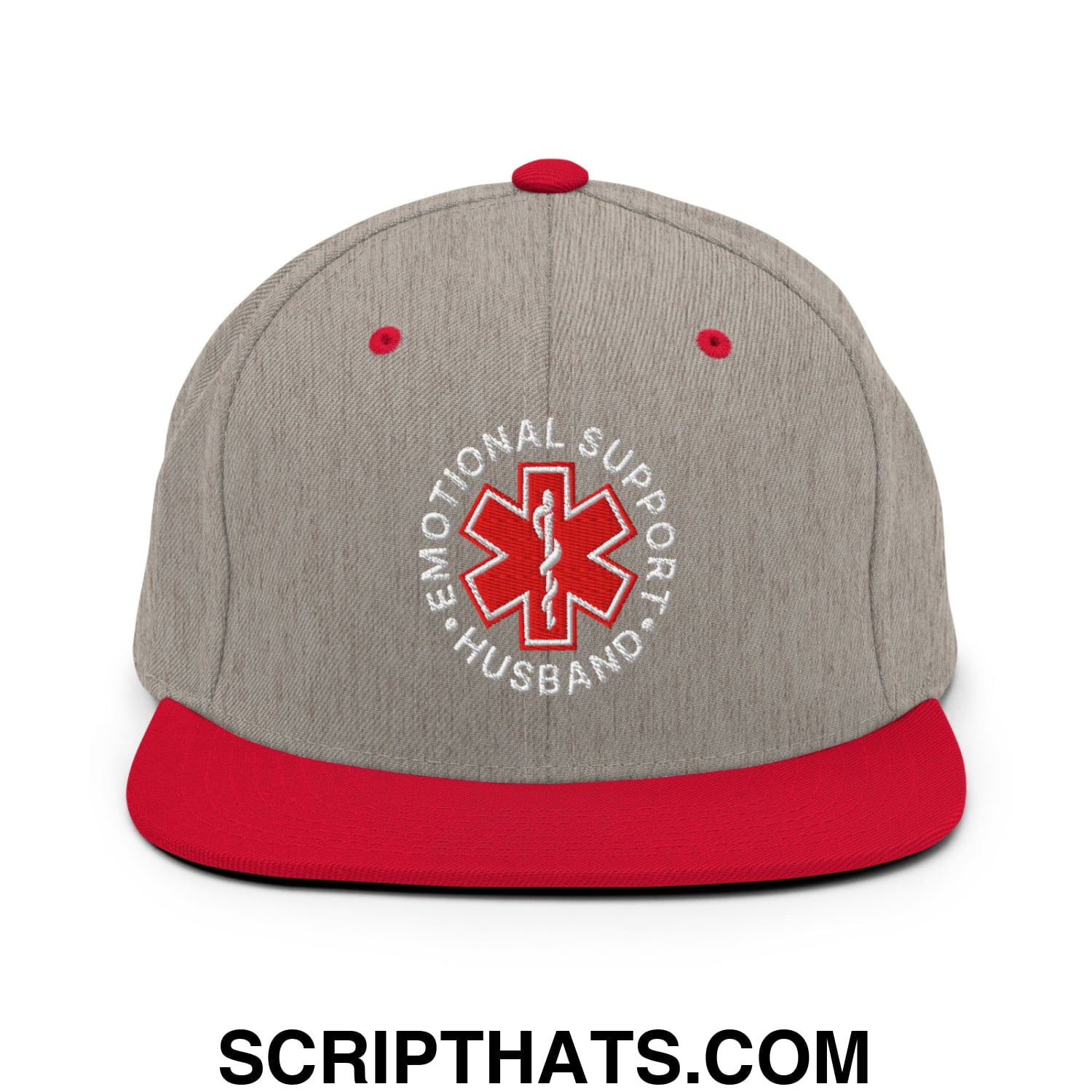 Emotional Support Husband Embroidered Flat Bill Brim Snapback Hat Heather Grey Red
