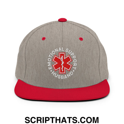 Emotional Support Husband Embroidered Flat Bill Brim Snapback Hat Heather Grey Red
