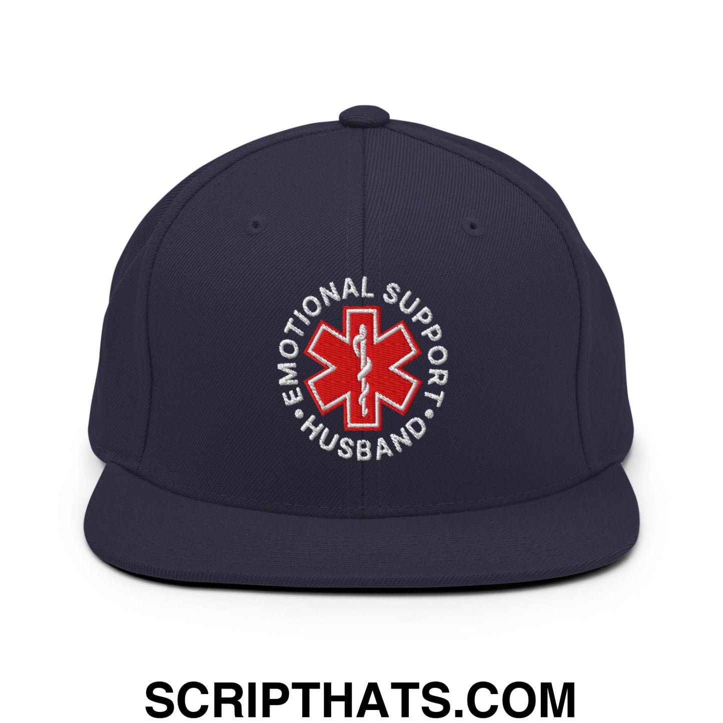 Emotional Support Husband Embroidered Flat Bill Brim Snapback Hat Navy