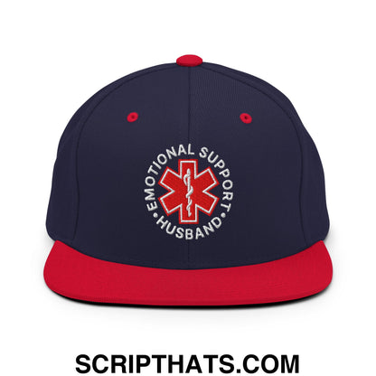 Emotional Support Husband Embroidered Flat Bill Brim Snapback Hat Navy Red