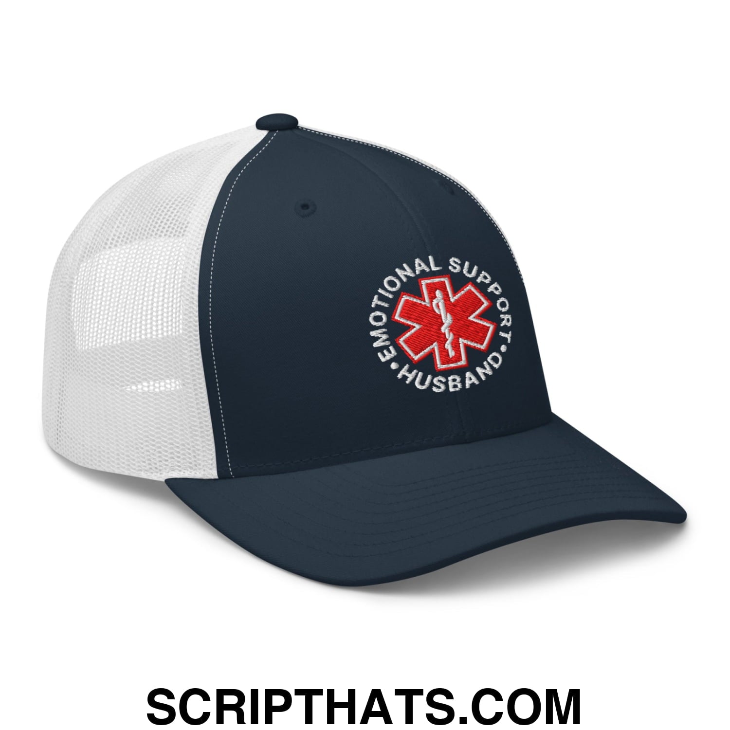 Emotional Support Husband Embroidered Mesh Trucker Hat Navy White