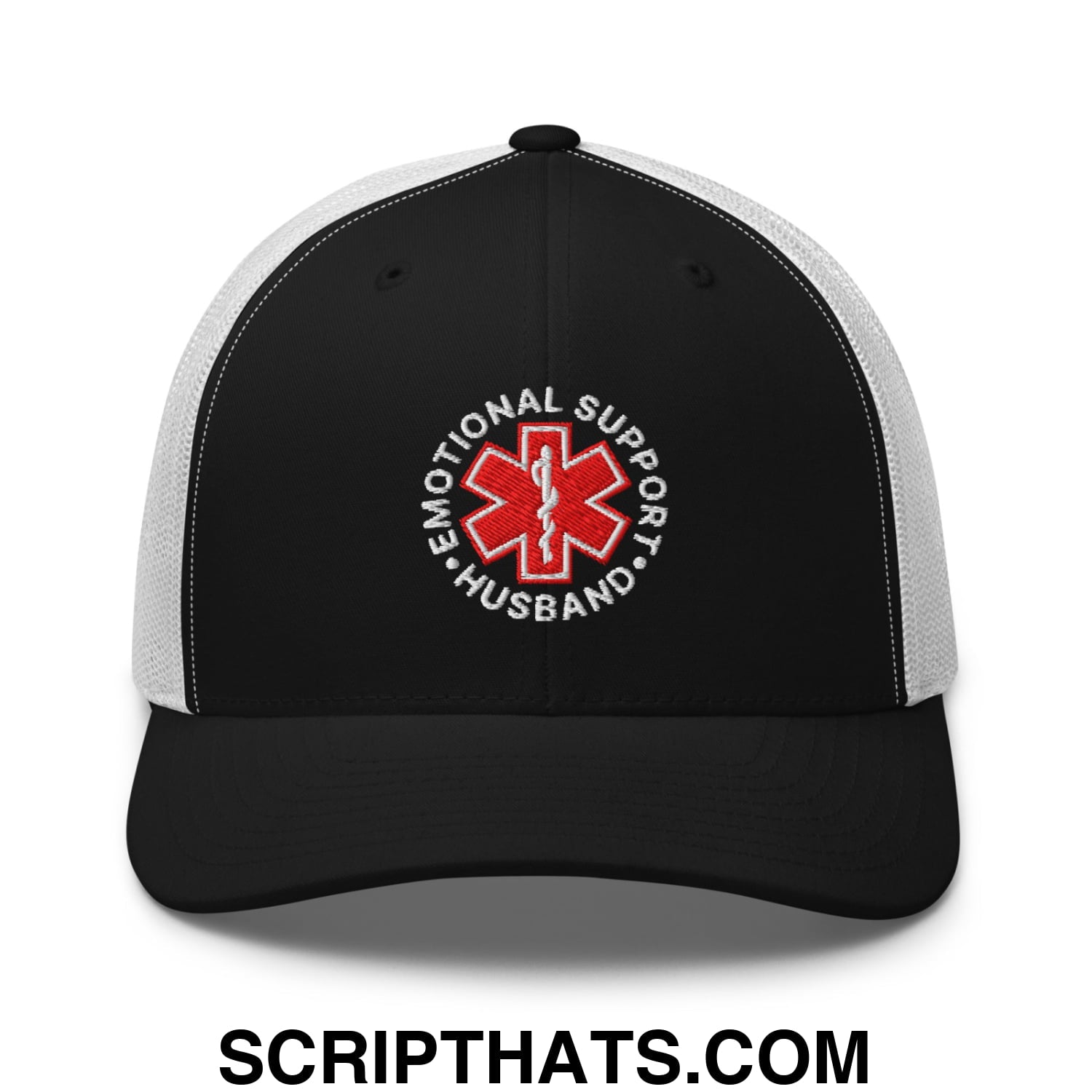 Emotional Support Husband Embroidered Mesh Trucker Hat Black White