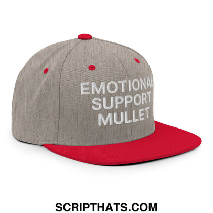 Emotional Support Mullet Embroidered Flat Bill Brim Snapback Hat Heather Grey Red
