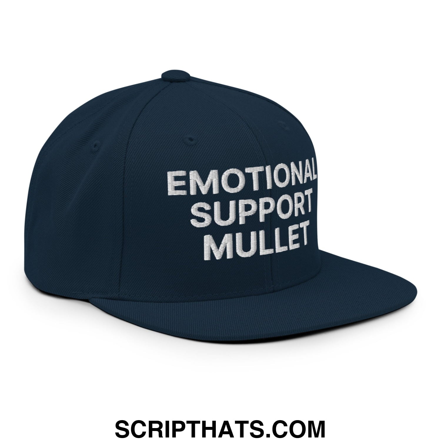 Emotional Support Mullet Embroidered Flat Bill Brim Snapback Hat Dark Navy