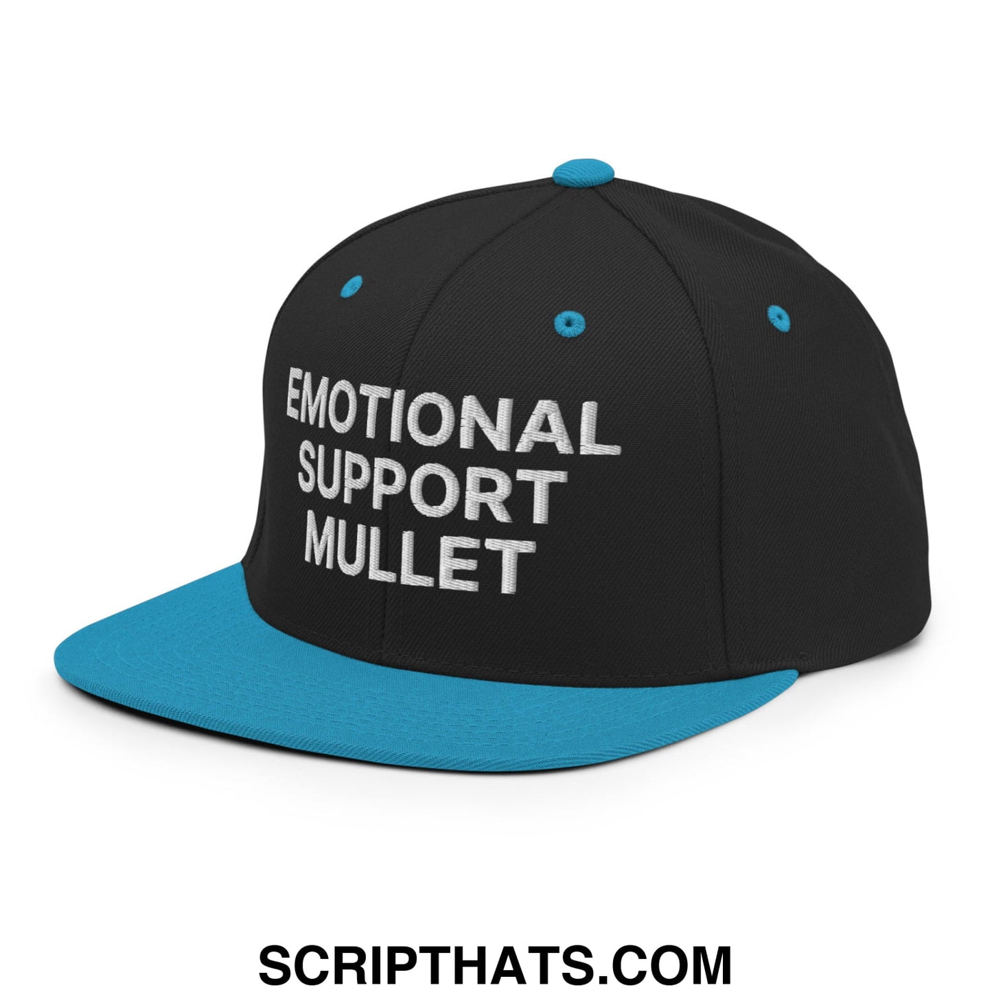 Emotional Support Mullet Embroidered Flat Bill Brim Snapback Hat Black Teal
