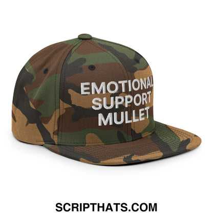 Emotional Support Mullet Embroidered Flat Bill Brim Snapback Hat Green Camo