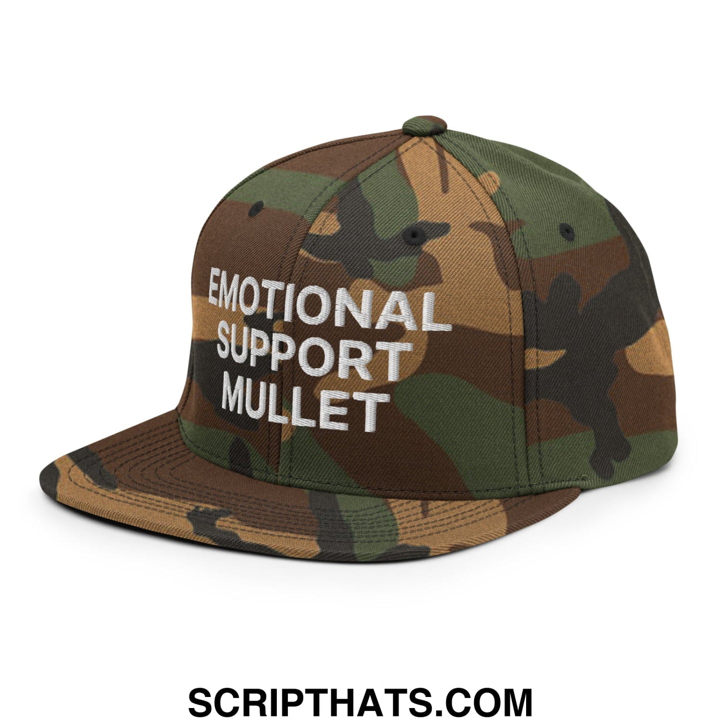 Emotional Support Mullet Embroidered Flat Bill Brim Snapback Hat Green Camo
