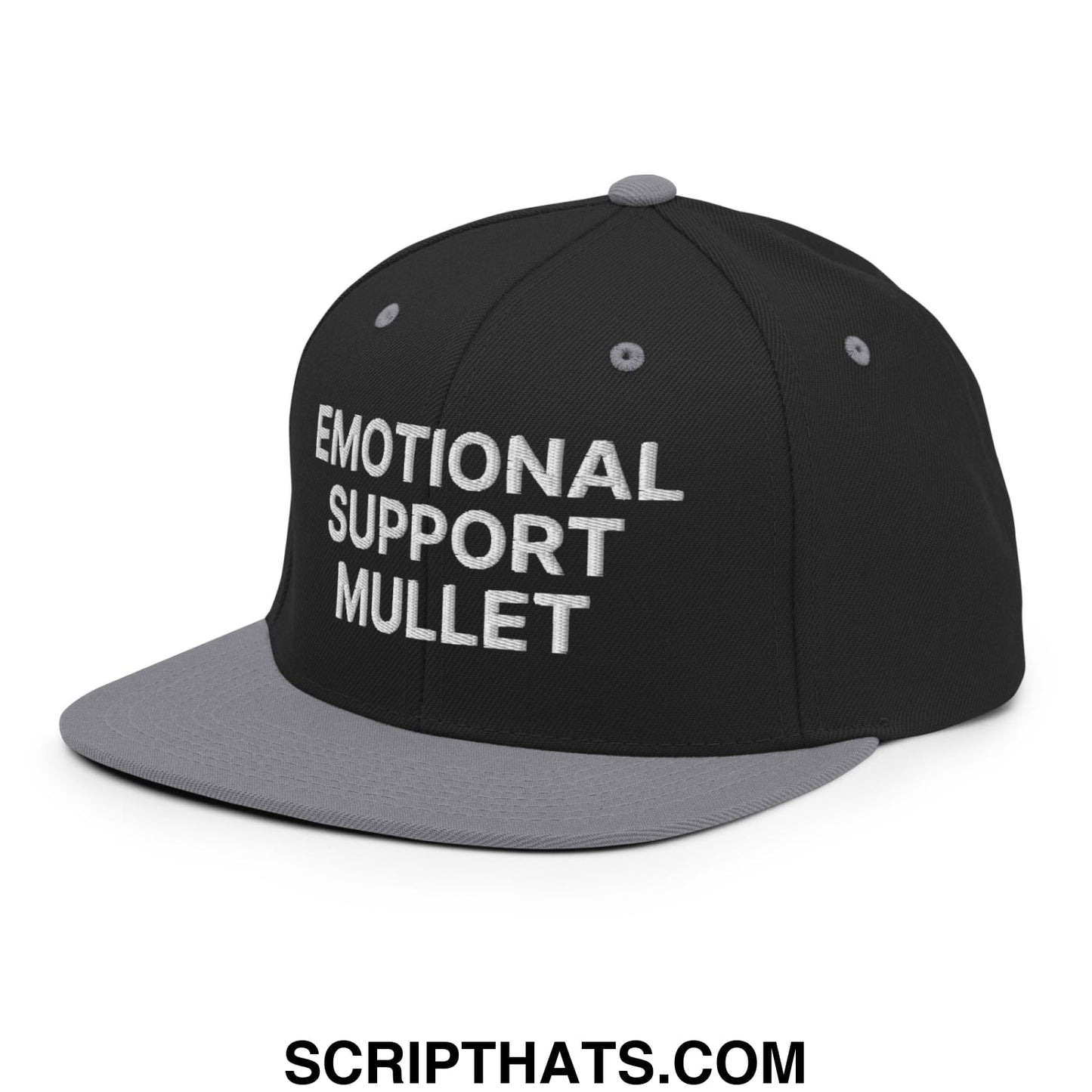 Emotional Support Mullet Embroidered Flat Bill Brim Snapback Hat Black Silver
