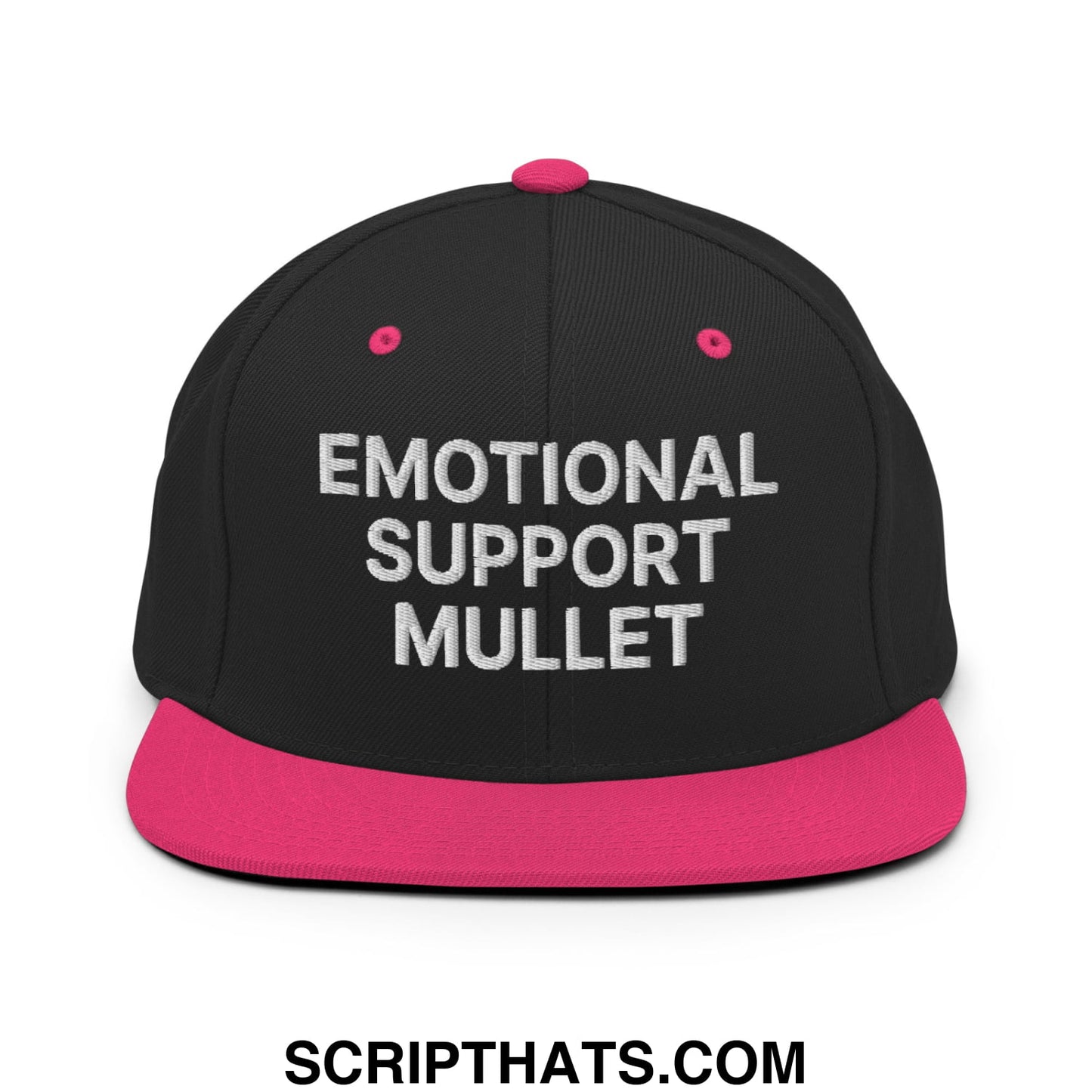 Emotional Support Mullet Embroidered Flat Bill Brim Snapback Hat Black Neon Pink