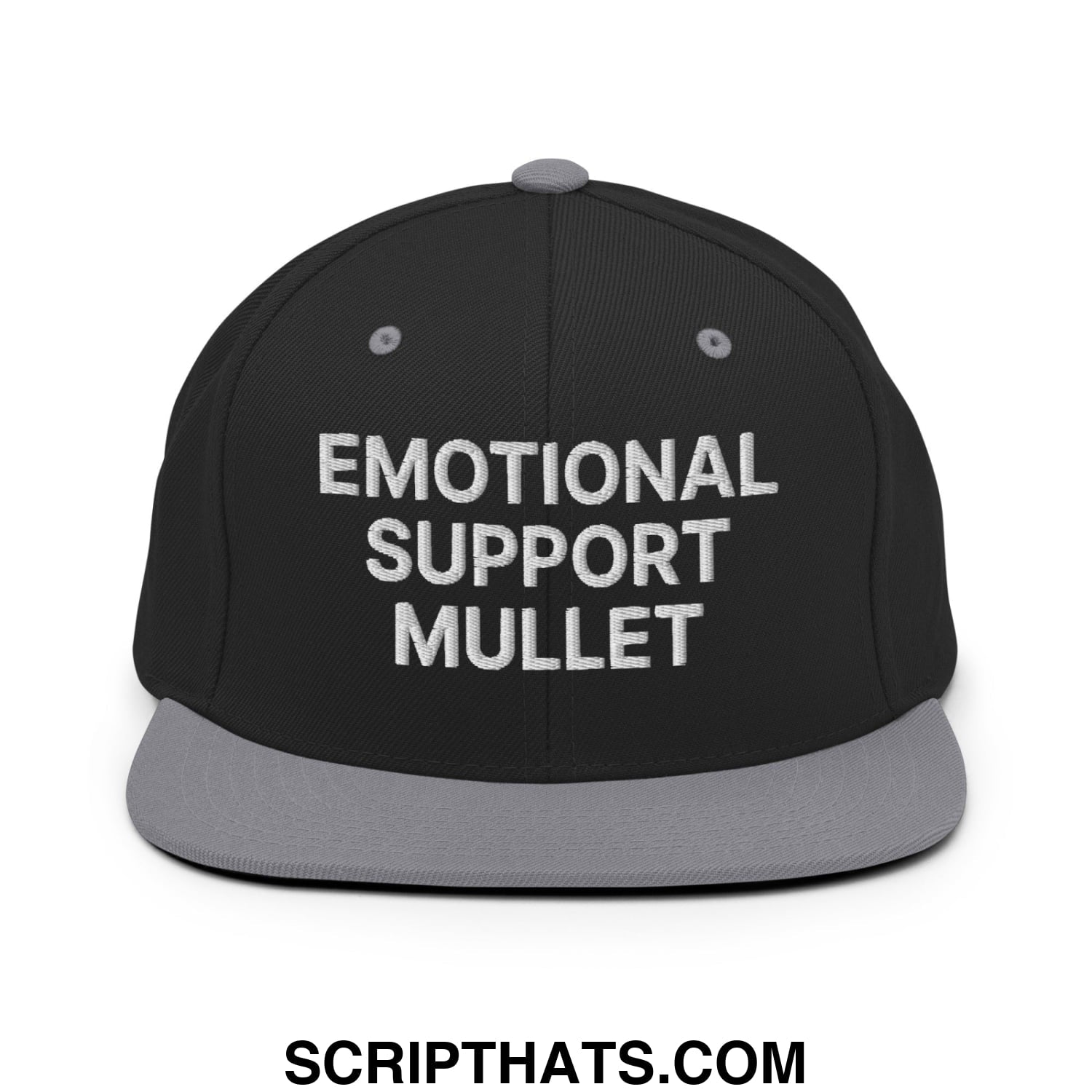 Emotional Support Mullet Embroidered Flat Bill Brim Snapback Hat Black Silver