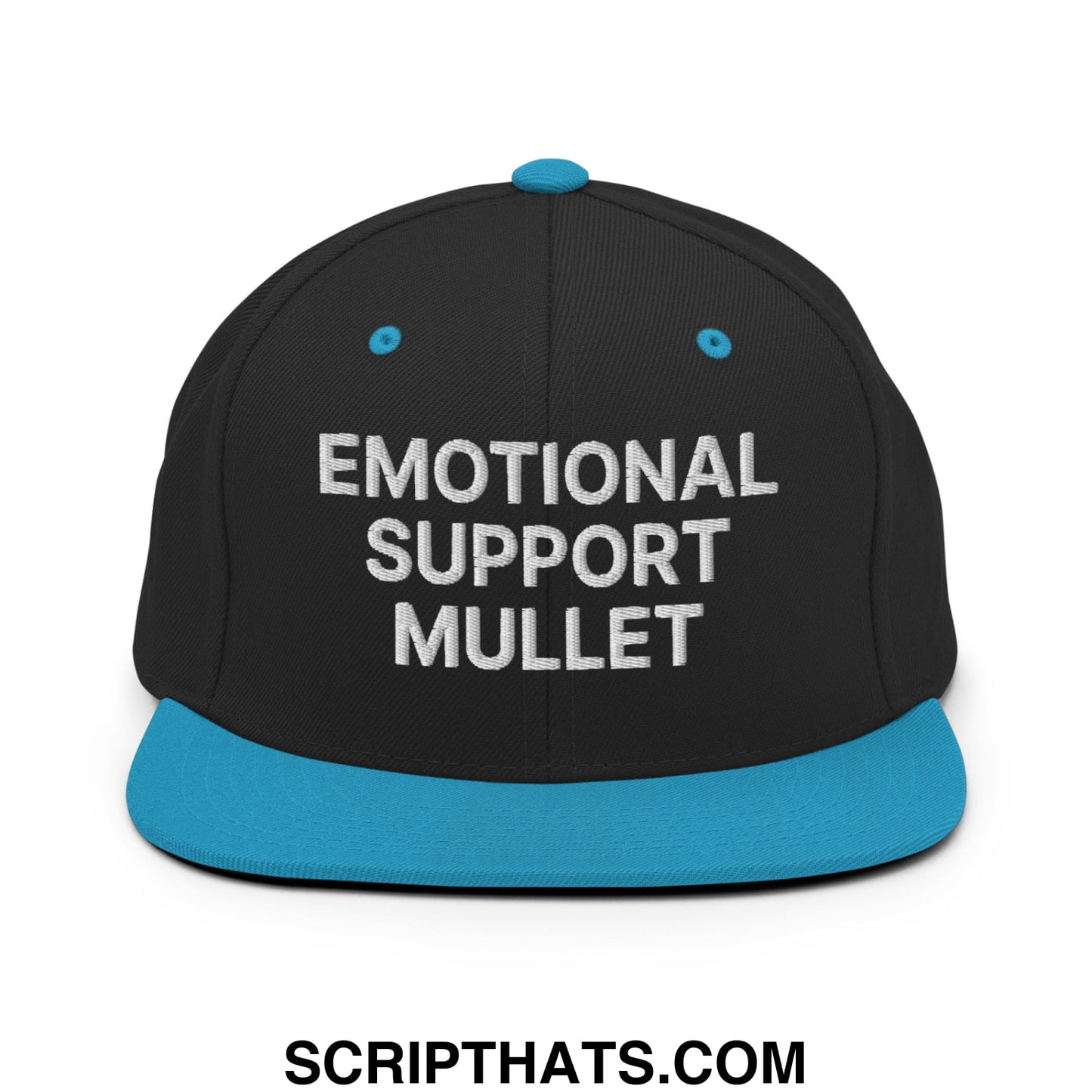 Emotional Support Mullet Embroidered Flat Bill Brim Snapback Hat Black Teal