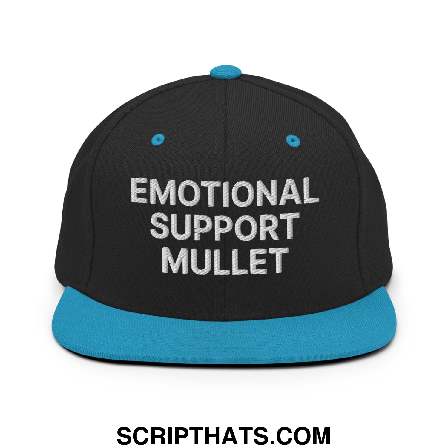 Emotional Support Mullet Embroidered Flat Bill Brim Snapback Hat Black Teal