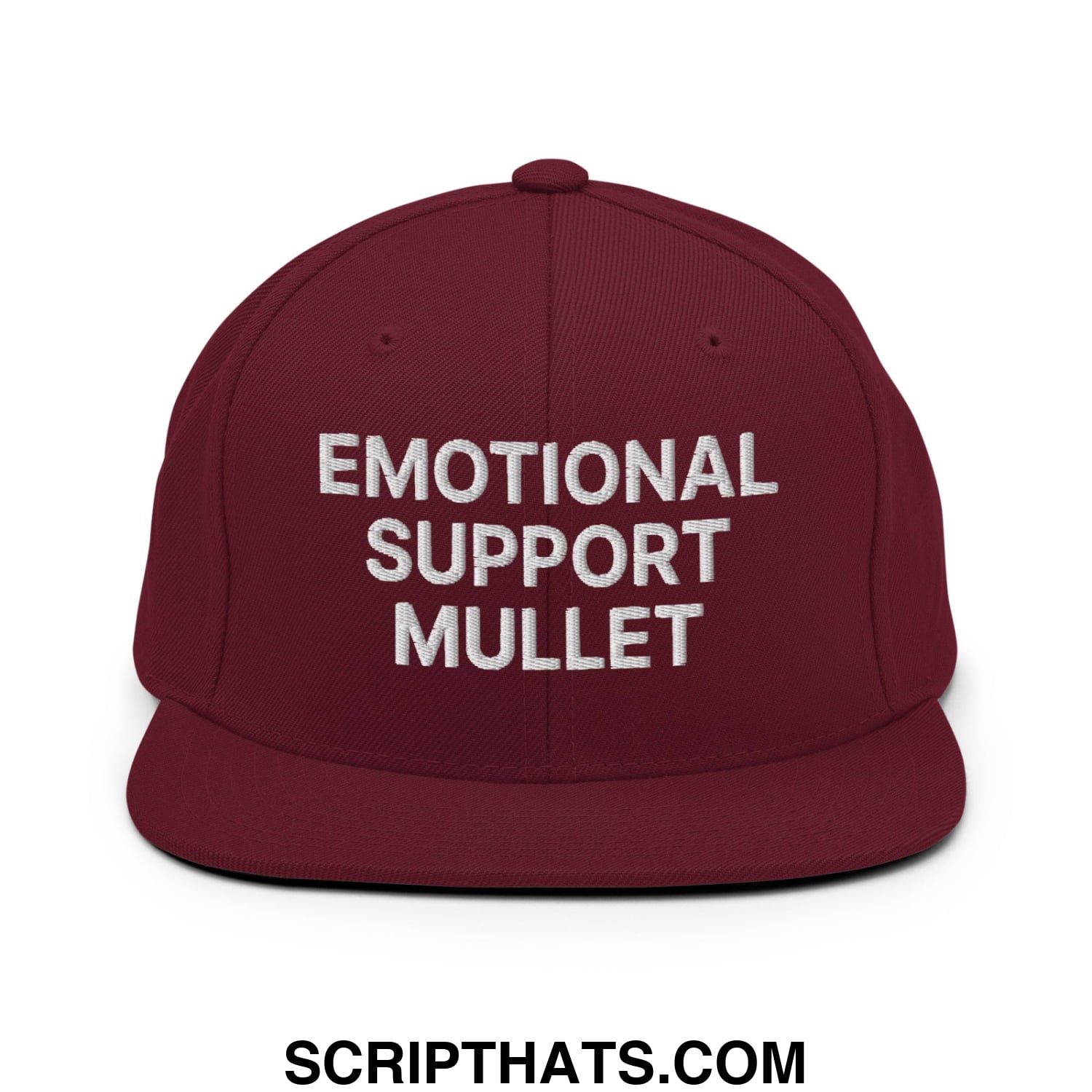 Emotional Support Mullet Embroidered Flat Bill Brim Snapback Hat Maroon