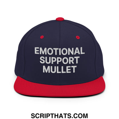 Emotional Support Mullet Embroidered Flat Bill Brim Snapback Hat Navy Red