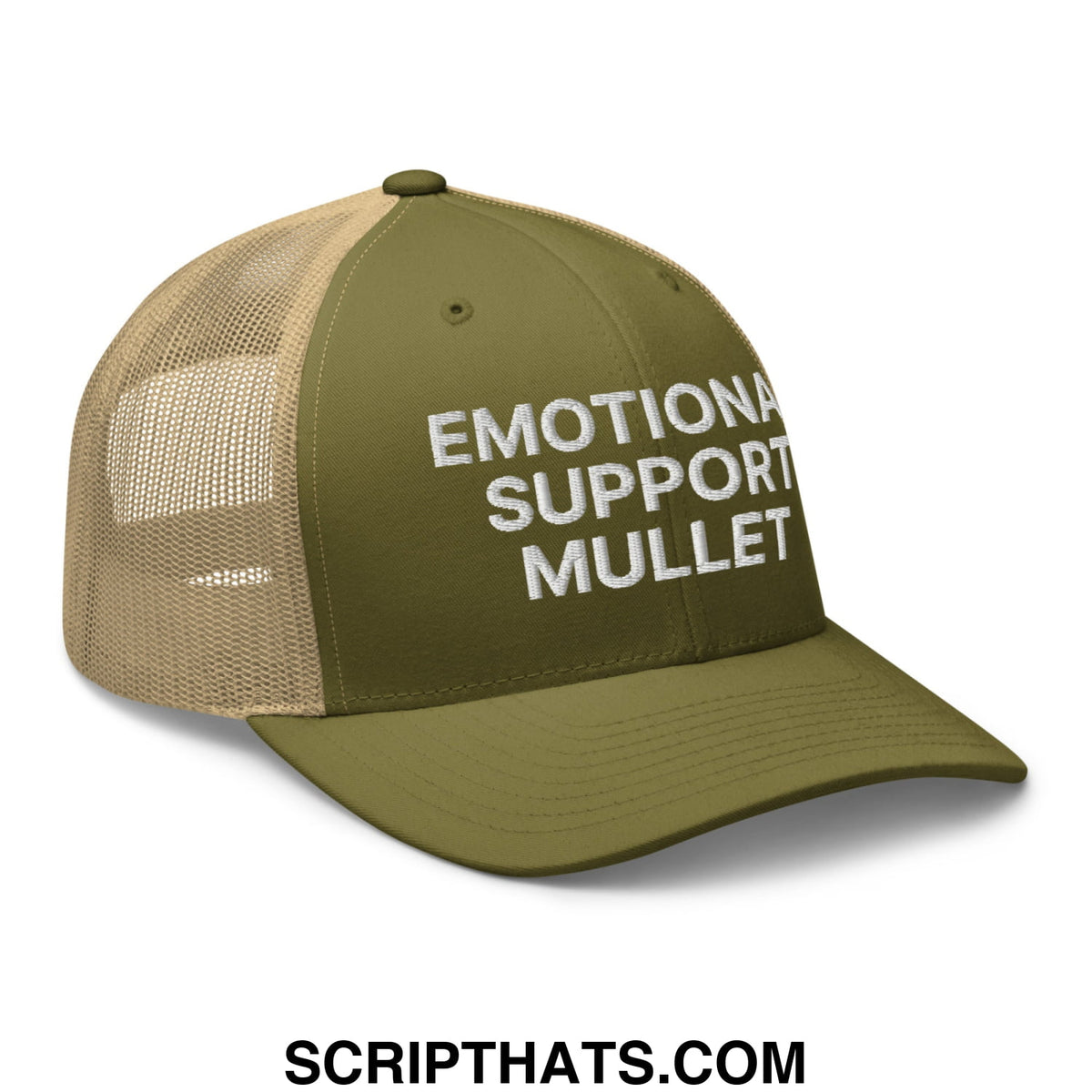 Olive green and tan mesh trucker hat with white embroidered emotional support mullet text in front design