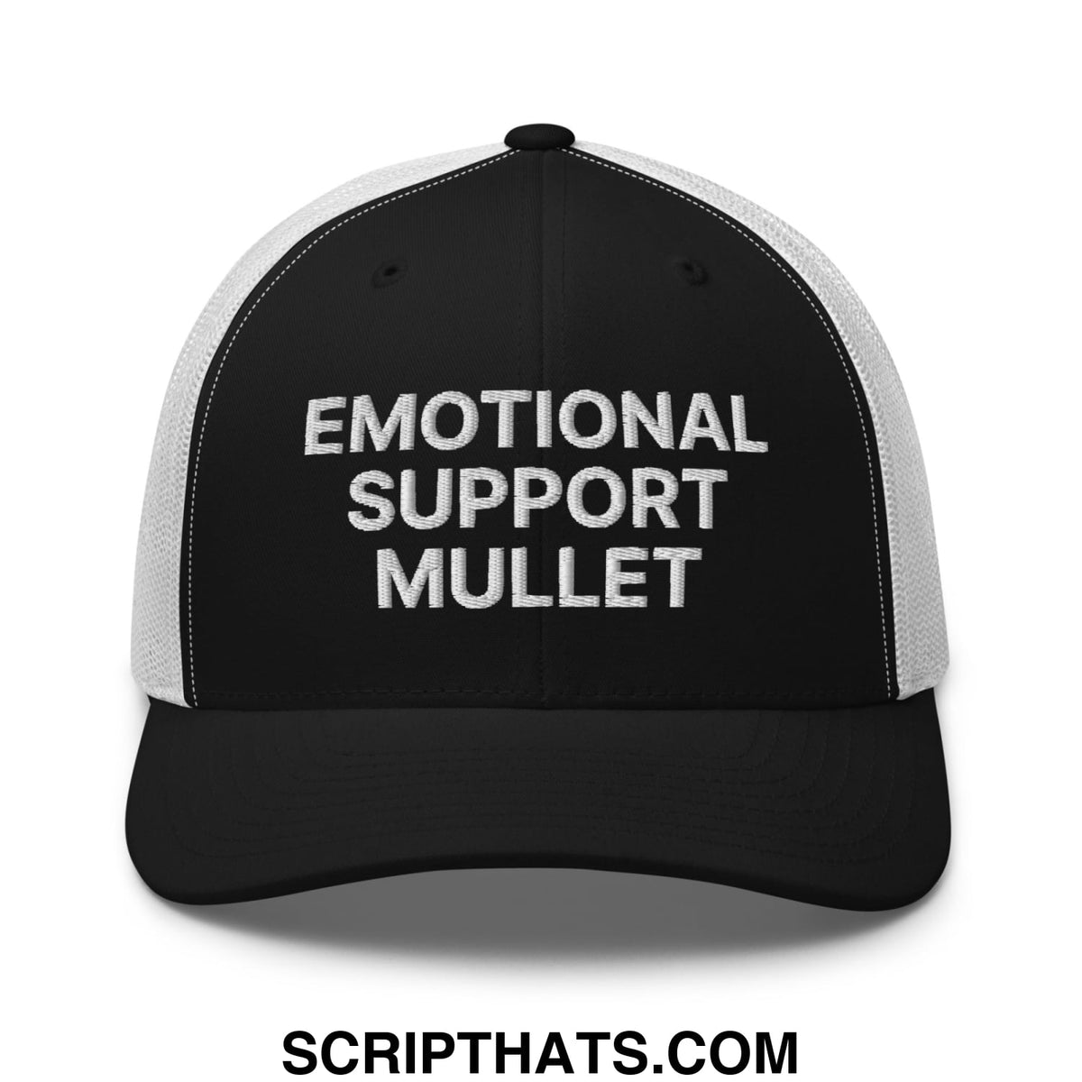 Black and white mesh trucker hat with embroidered emotional support mullet text in bold distressed font