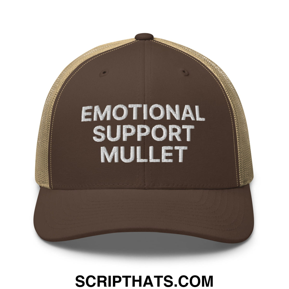 Brown and tan mesh trucker hat with white embroidered emotional support mullet text on front panel