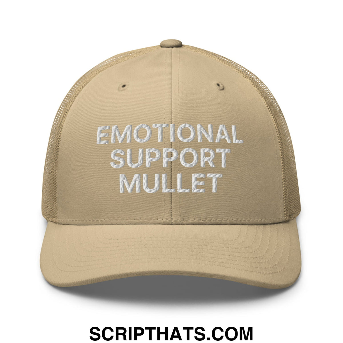 Beige mesh trucker hat with white embroidered text emotional support mullet for casual wear and sun protection