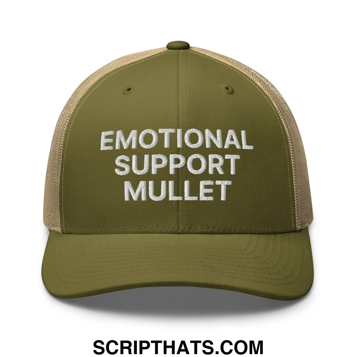 Olive green and tan mesh emotional support mullet embroidered trucker hat with white text front view