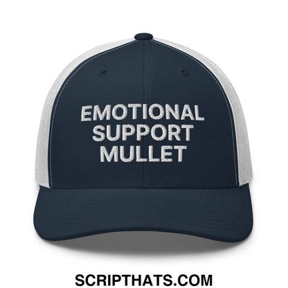 Navy blue and white mesh trucker hat with embroidered emotional support mullet text on front panel