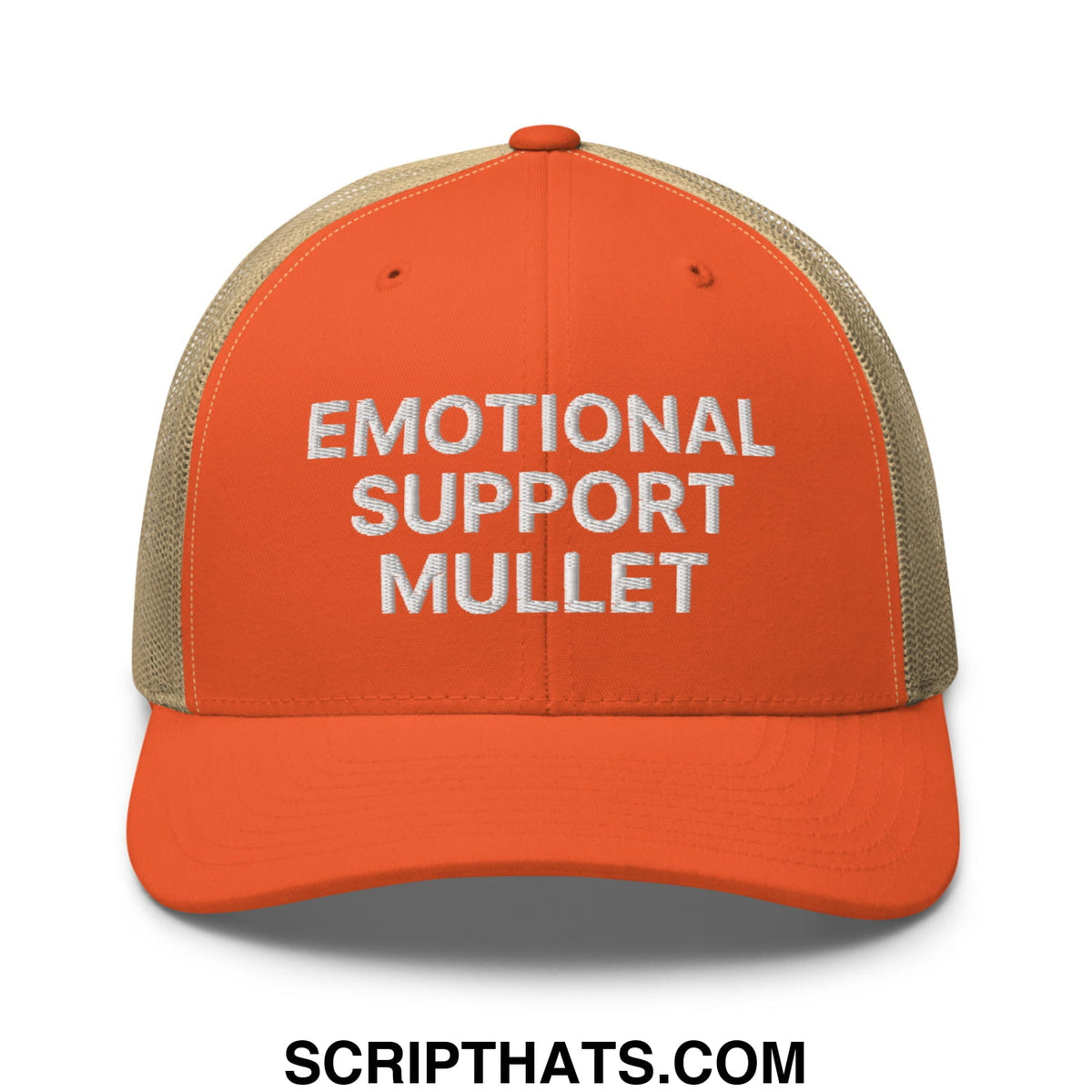 Orange and beige mesh trucker hat with white embroidered text emotional support mullet on front panel