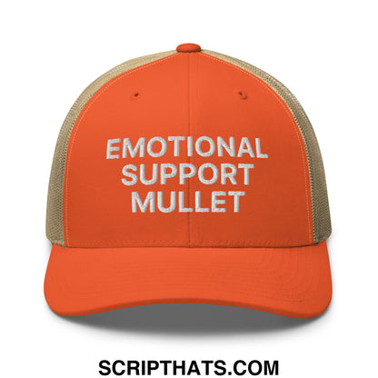 Orange and beige mesh trucker hat with white embroidered text emotional support mullet on front panel