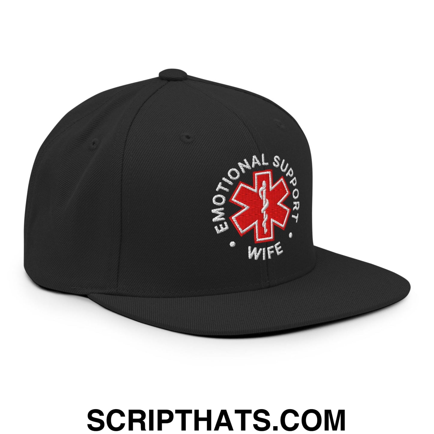 Emotional Support Wife Embroidered Flat Bill Brim Snapback Hat Black