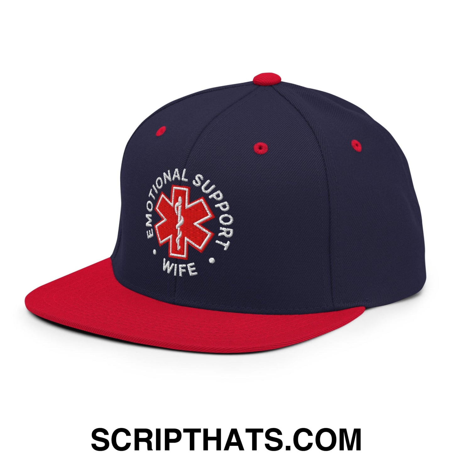 Emotional Support Wife Embroidered Flat Bill Brim Snapback Hat Navy Red