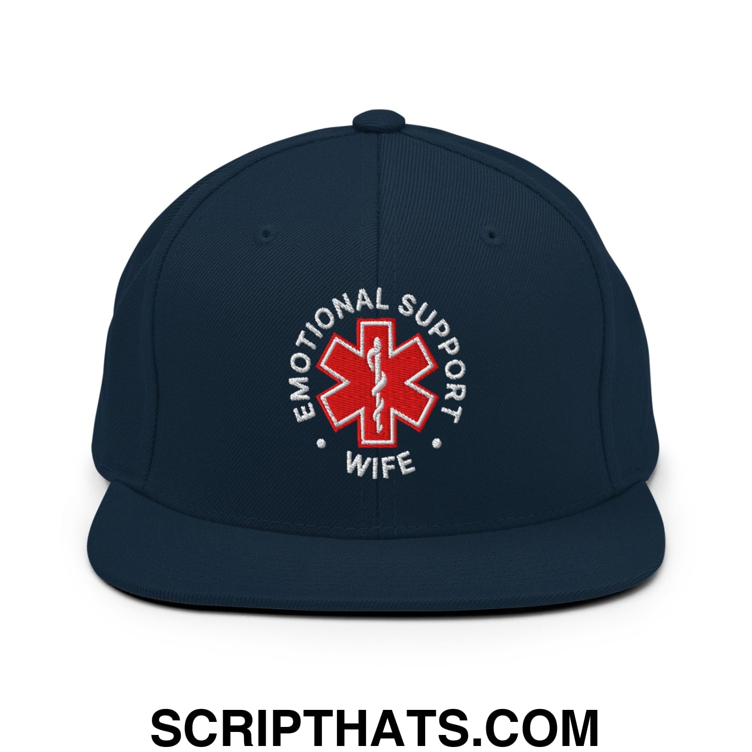 Emotional Support Wife Embroidered Flat Bill Brim Snapback Hat Dark Navy