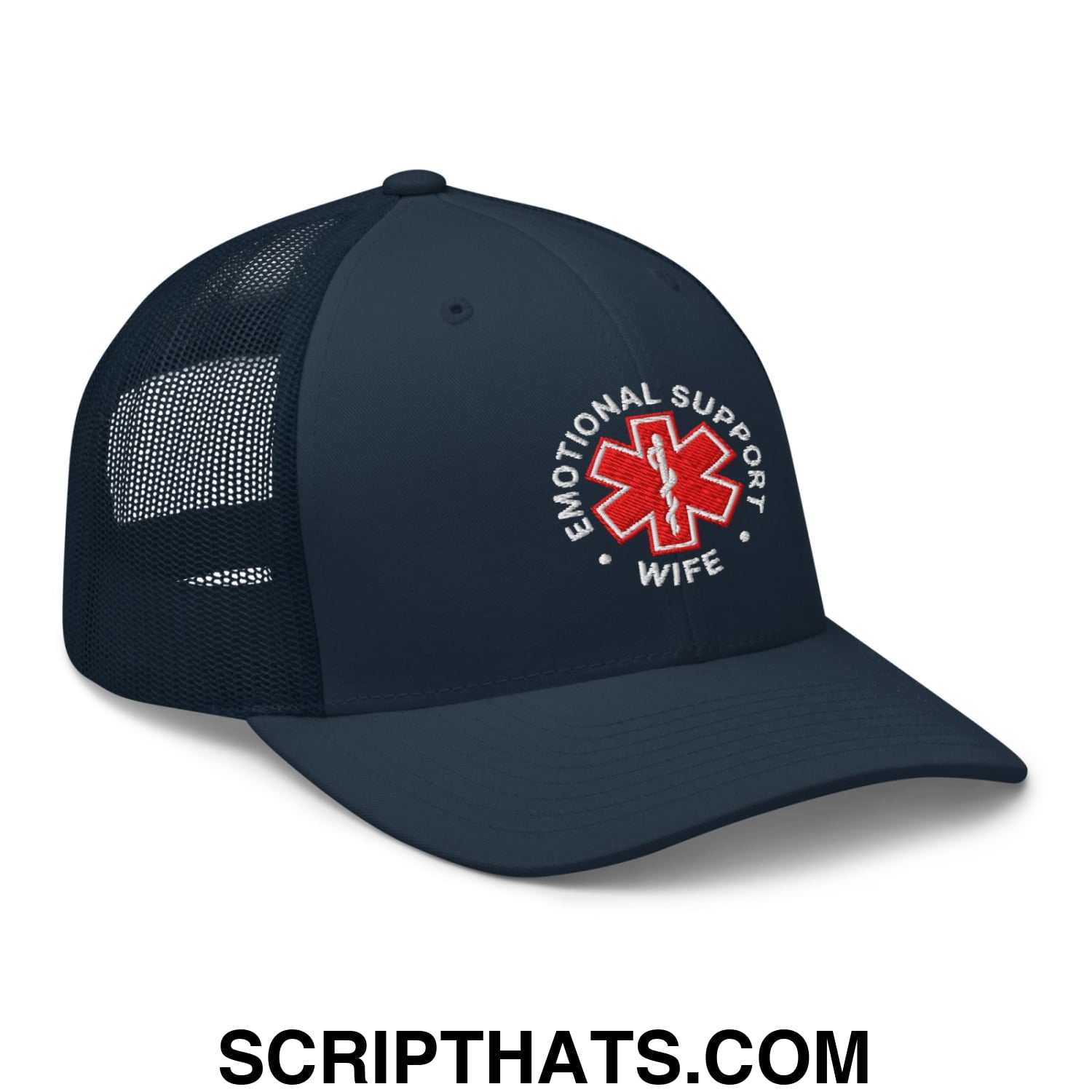 Emotional Support Wife Embroidered Mesh Trucker Hat Navy