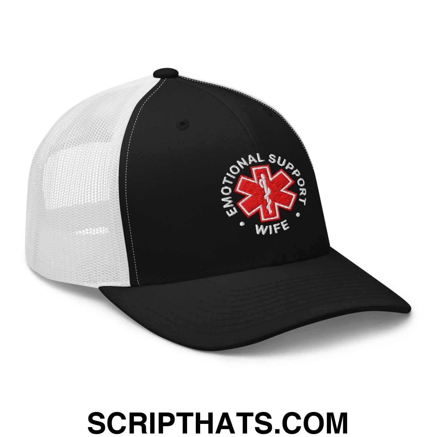Emotional Support Wife Embroidered Mesh Trucker Hat Black White