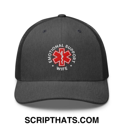 Emotional Support Wife Embroidered Mesh Trucker Hat Dark Heather Gray