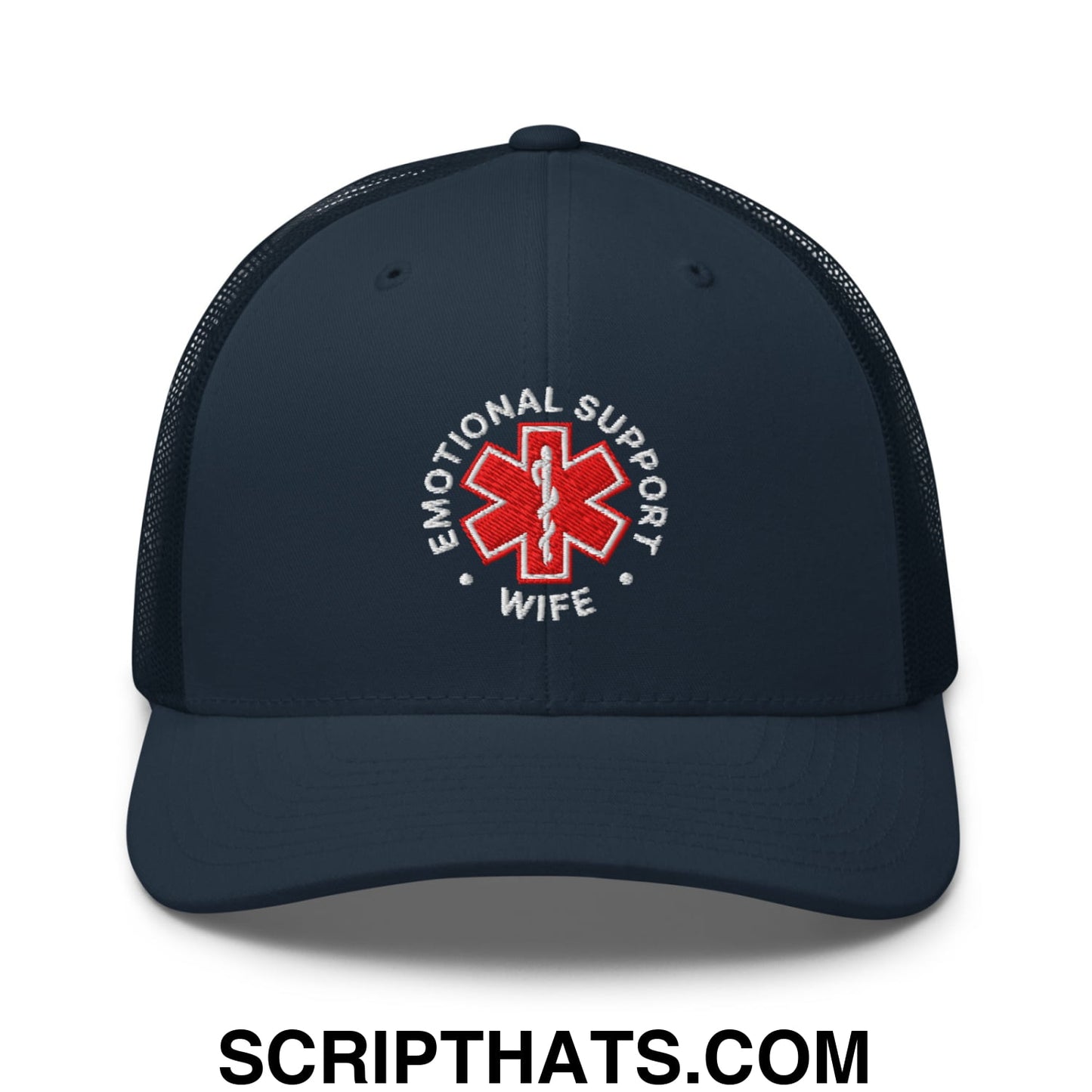 Emotional Support Wife Embroidered Mesh Trucker Hat Navy