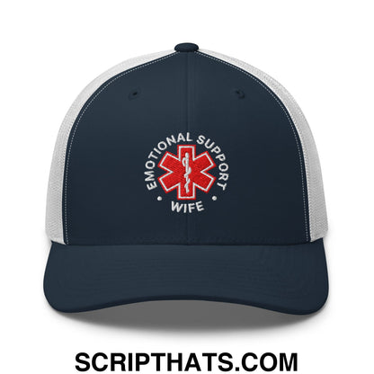 Emotional Support Wife Embroidered Mesh Trucker Hat Navy White