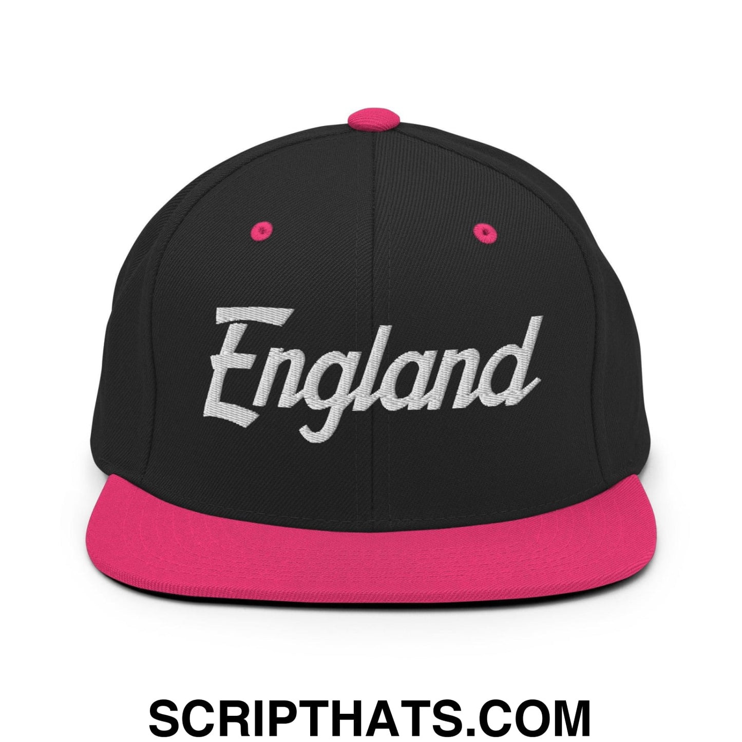 England Vintage Sports Script Snapback Hat Black Neon Pink