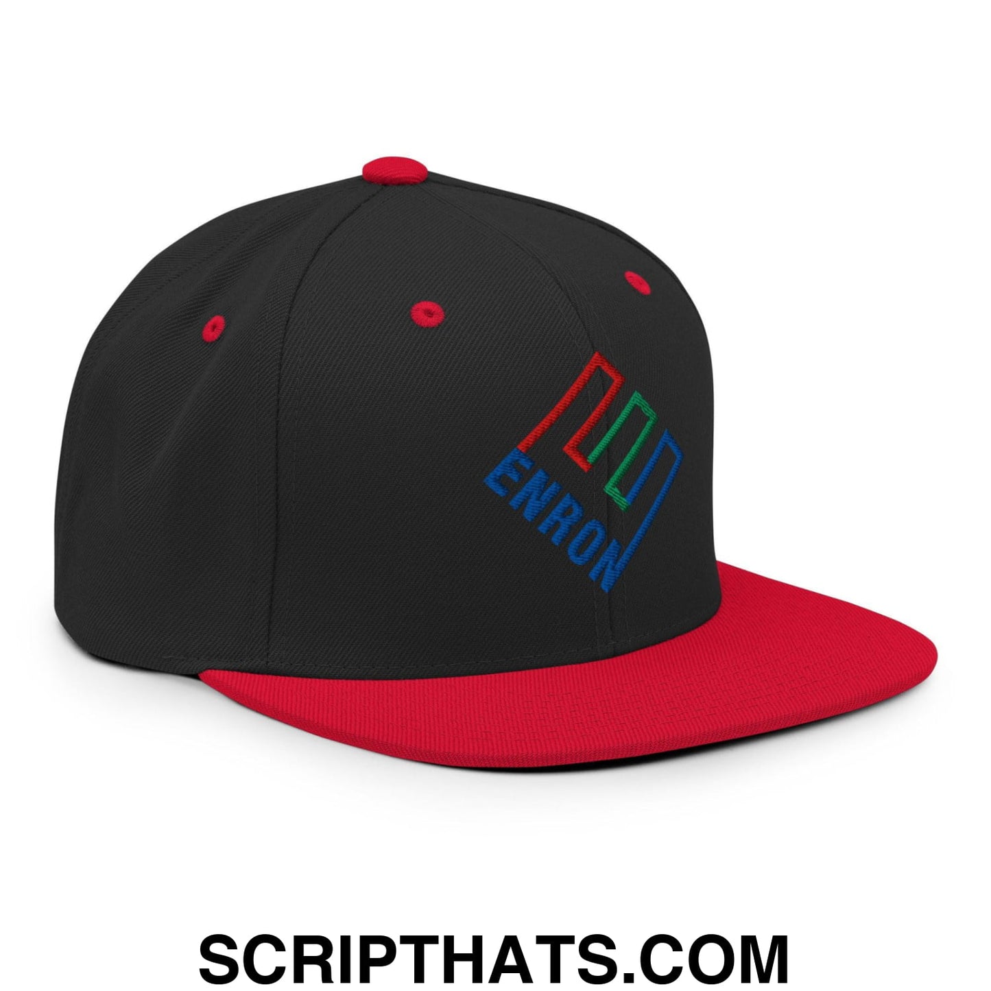 Enron Embroidered Flat Bill Brim Snapback Hat Black Red