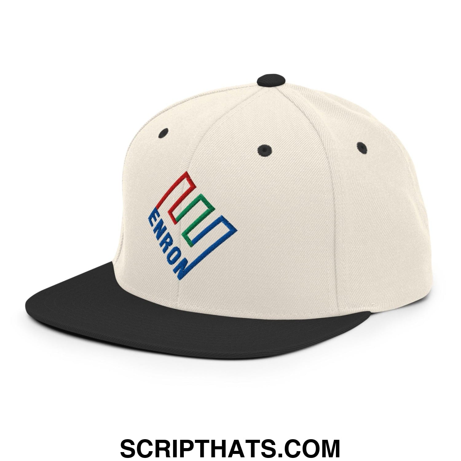 Enron Embroidered Flat Bill Brim Snapback Hat Natural Black