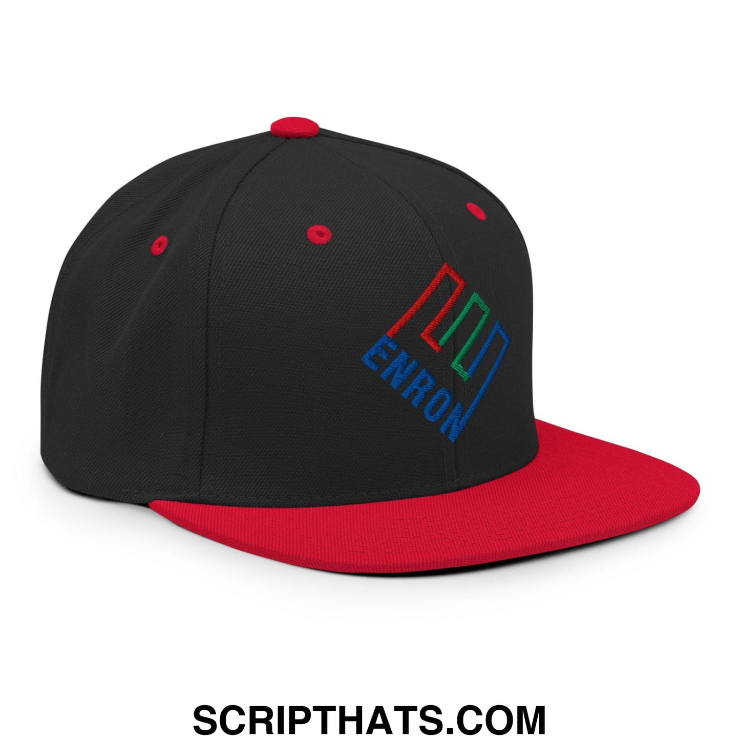 Enron Embroidered Flat Bill Brim Snapback Hat Black Red