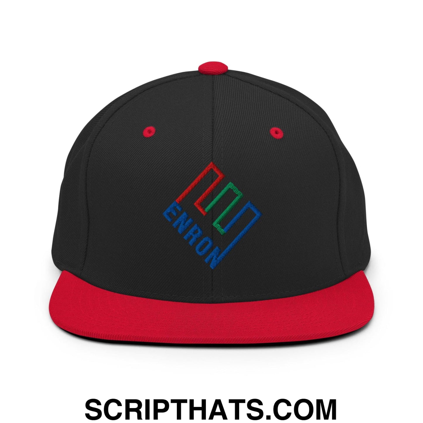 Enron Embroidered Flat Bill Brim Snapback Hat Black Red